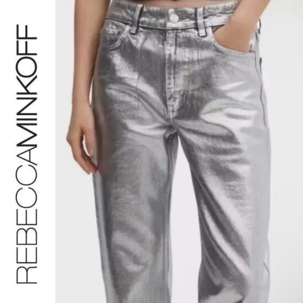 NEW Rebecca Minkoff Silver Coated Denim Jeans